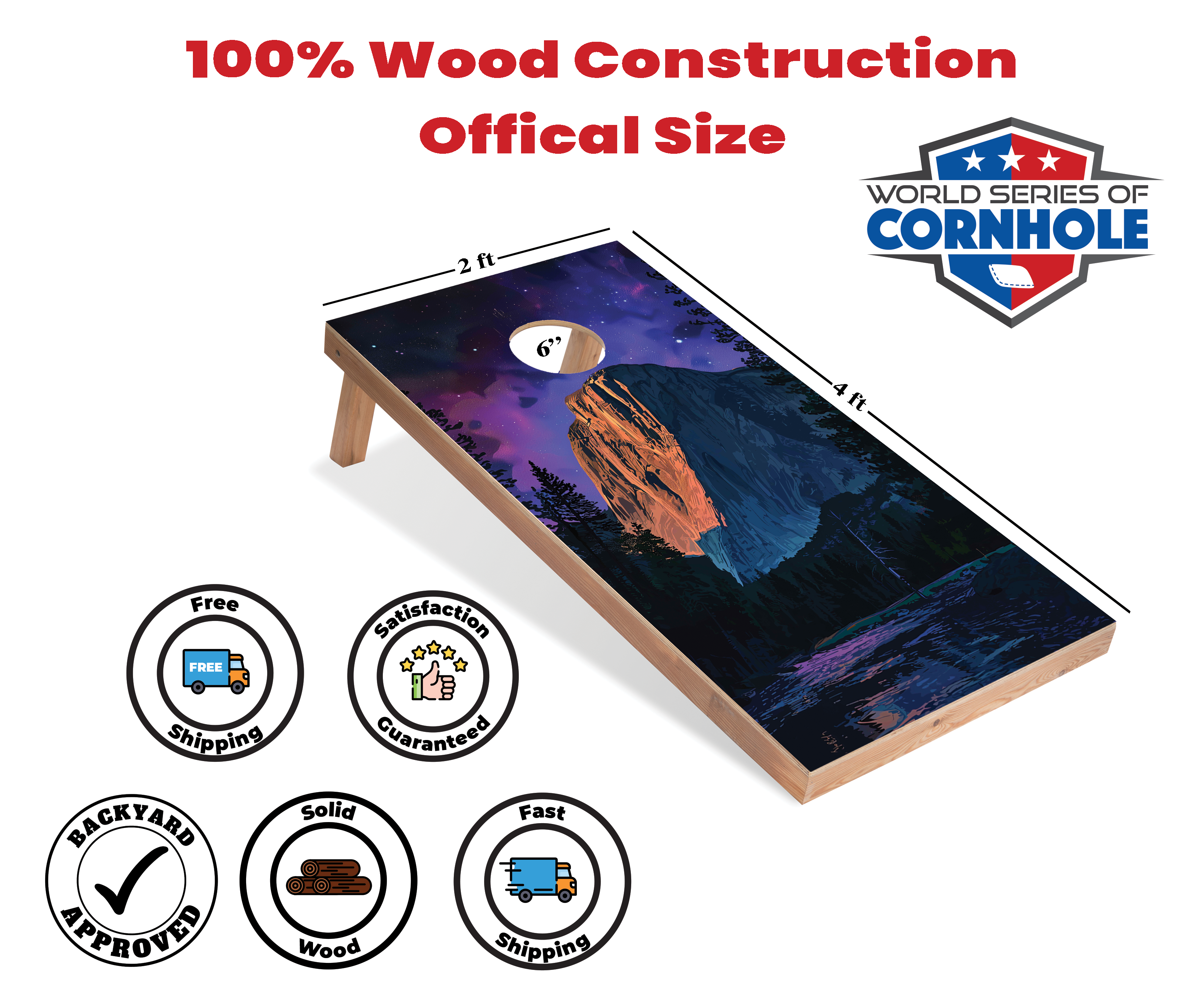 World Series of Cornhole Lightweight Cornhole Set - Yosemite National Park Nighttime Boards with Red and Royal Blue Bags