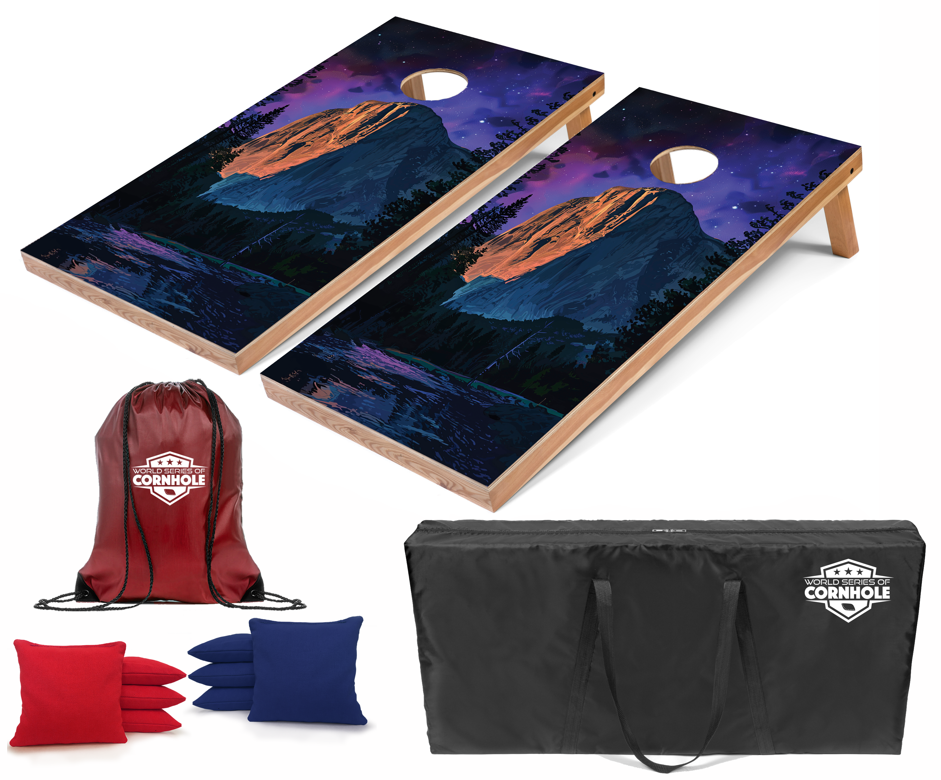 World Series of Cornhole Lightweight Cornhole Set - Yosemite National Park Nighttime Boards with Red and Royal Blue Bags