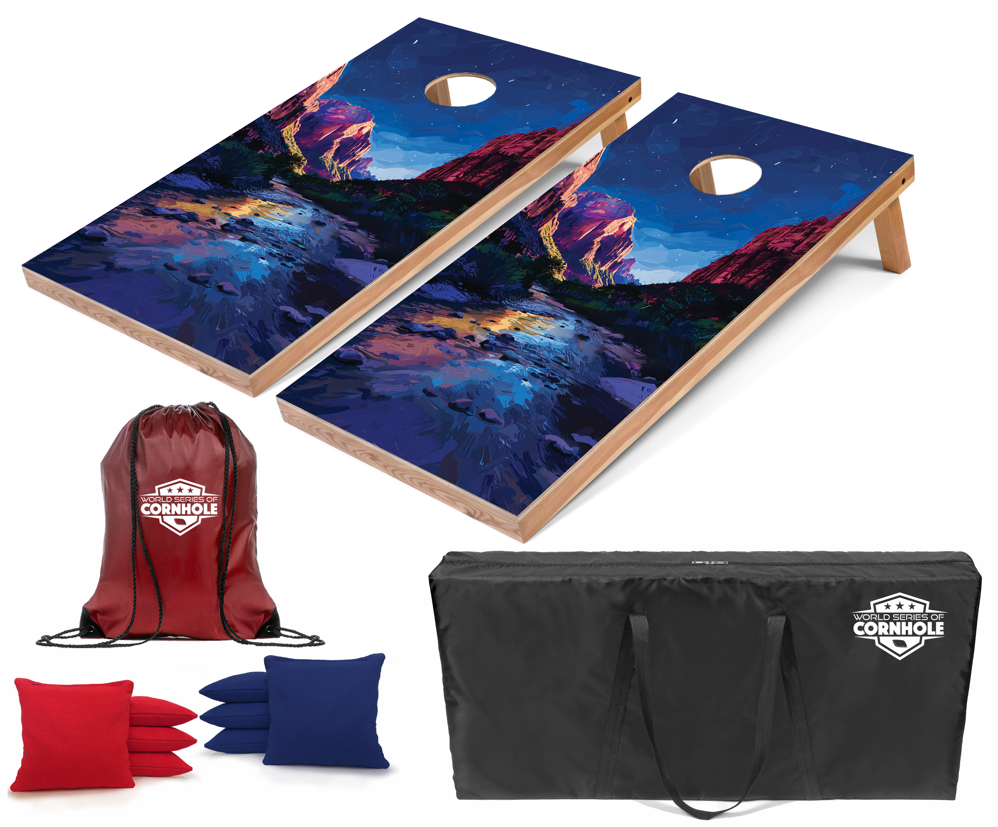 World Series of Cornhole Lightweight Cornhole Set - Zion National Park Nighttime Boards with Red and Royal Blue Bags