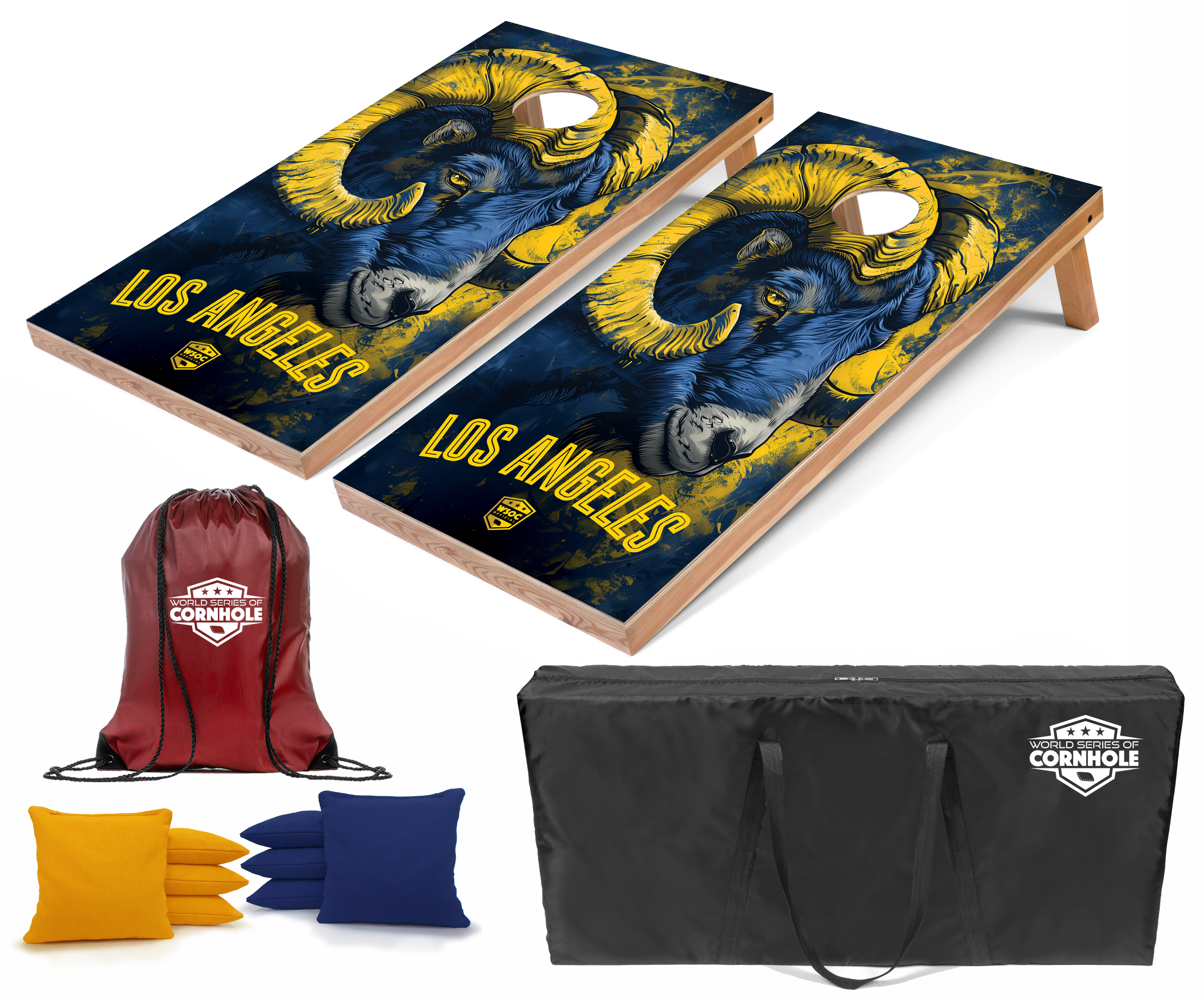 World Series of Cornhole Lightweight Cornhole Set - Los Angeles Rams Boards with Yellow and Royal Blue Bags