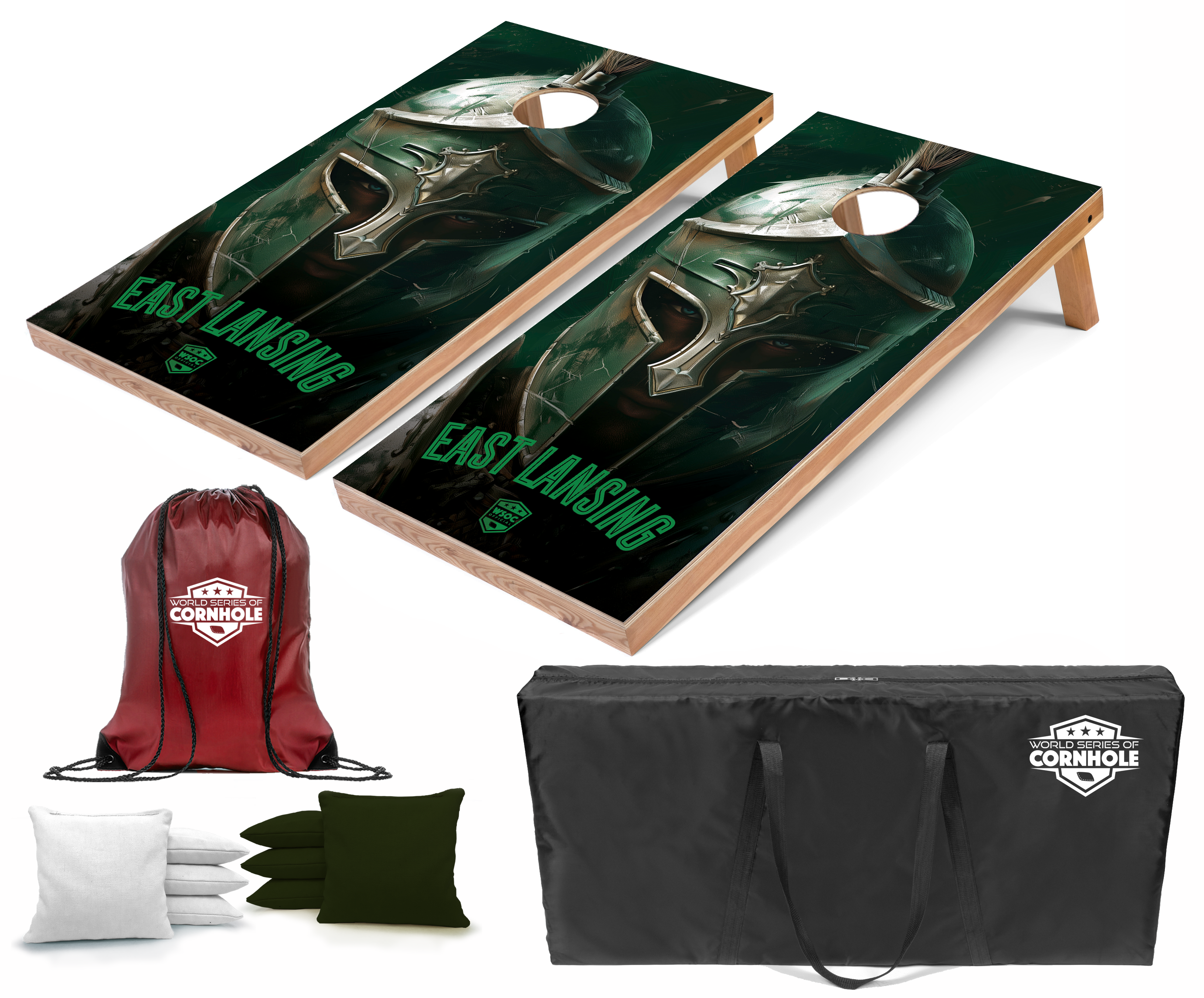 World Series of Cornhole Lightweight Cornhole Set - Michigan State Spartans Boards with White and Hunter Green Bags