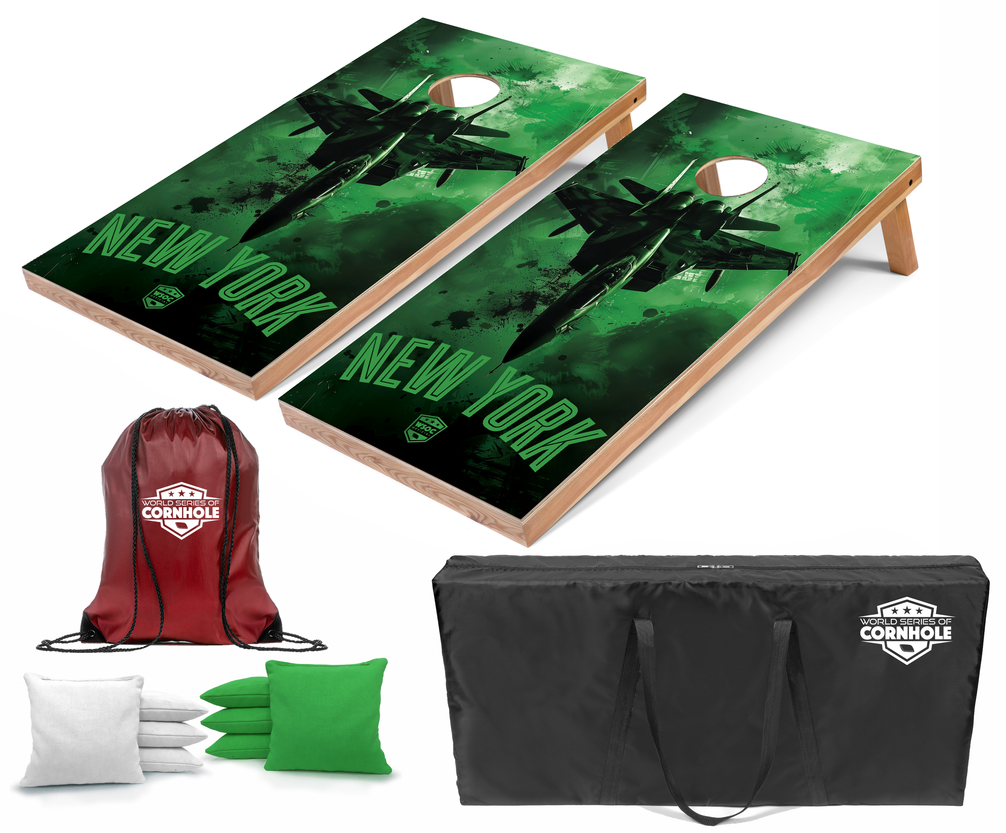 World Series of Cornhole Lightweight Cornhole Set - New York Jets Boards with White and Kelly Green Bags