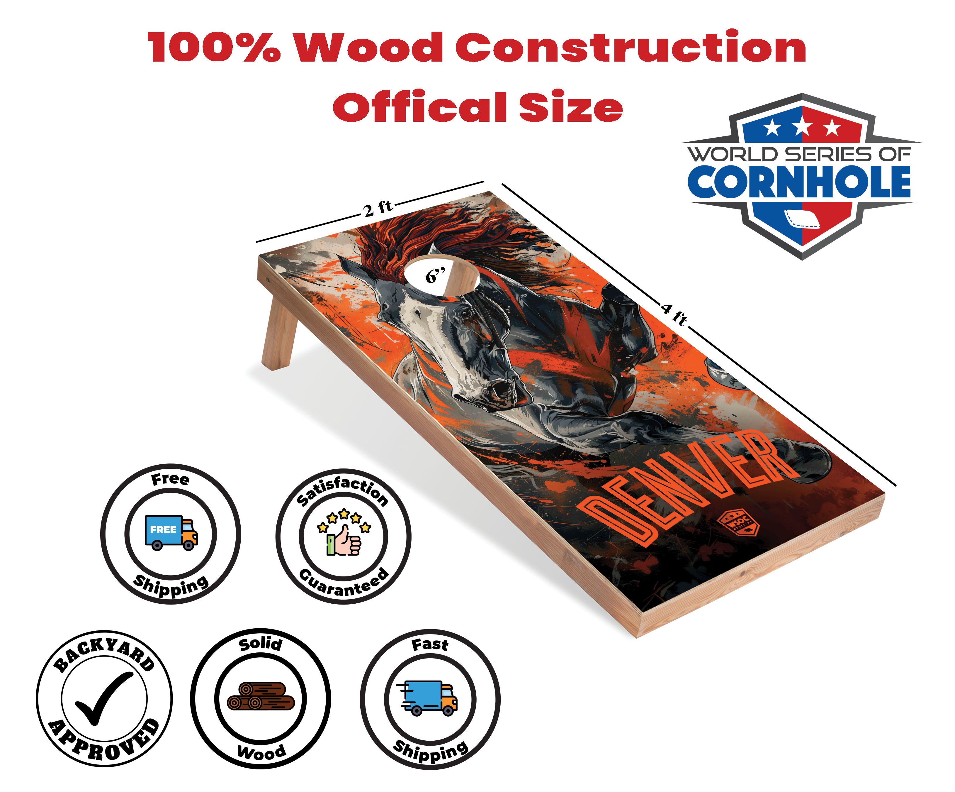 World Series of Cornhole Lightweight Cornhole Set - Denver Broncos Boards with Orange and Navy Blue Bags