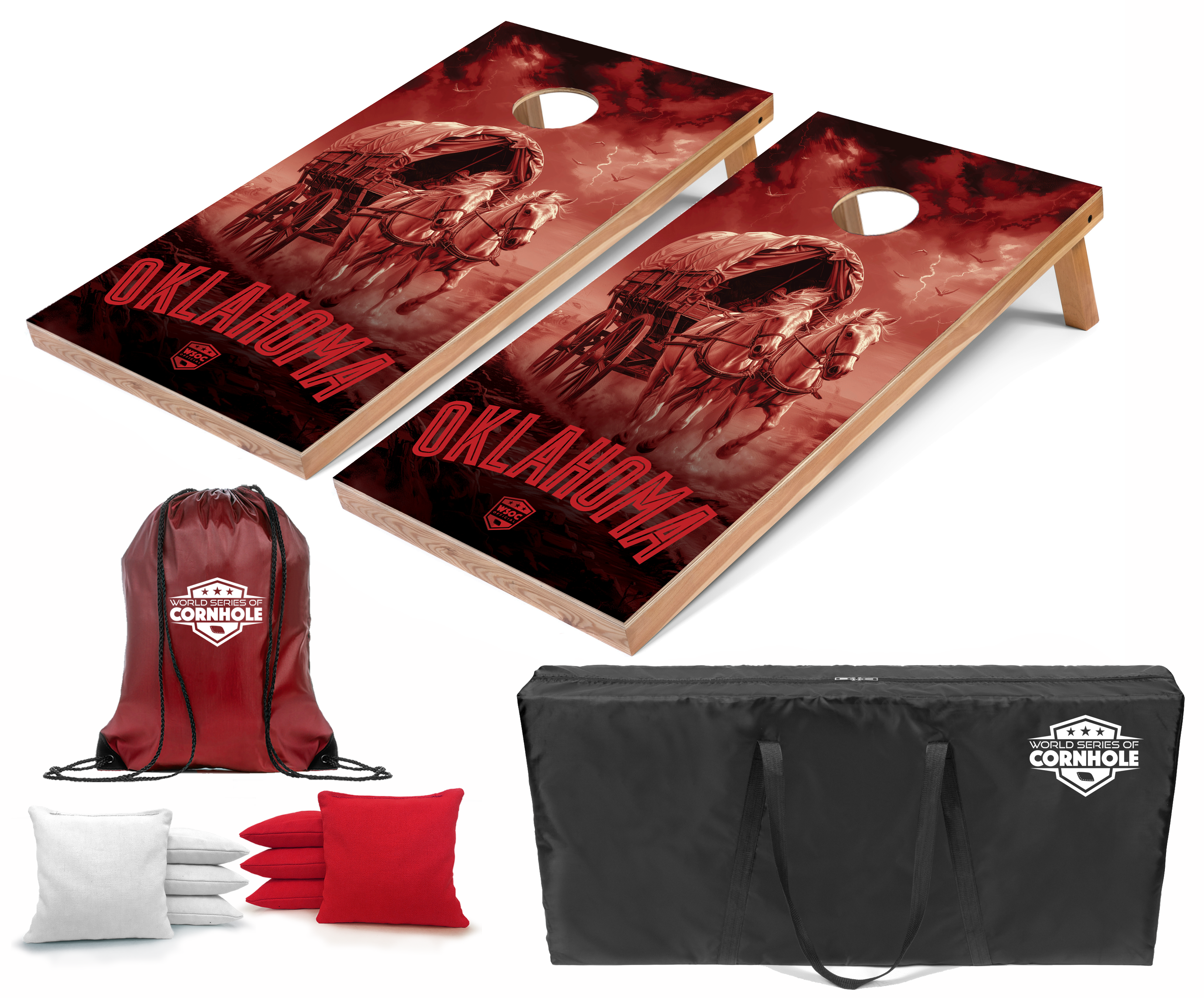 World Series of Cornhole Lightweight Cornhole Set - Oklahoma Sooners Boards with Red and White Bags