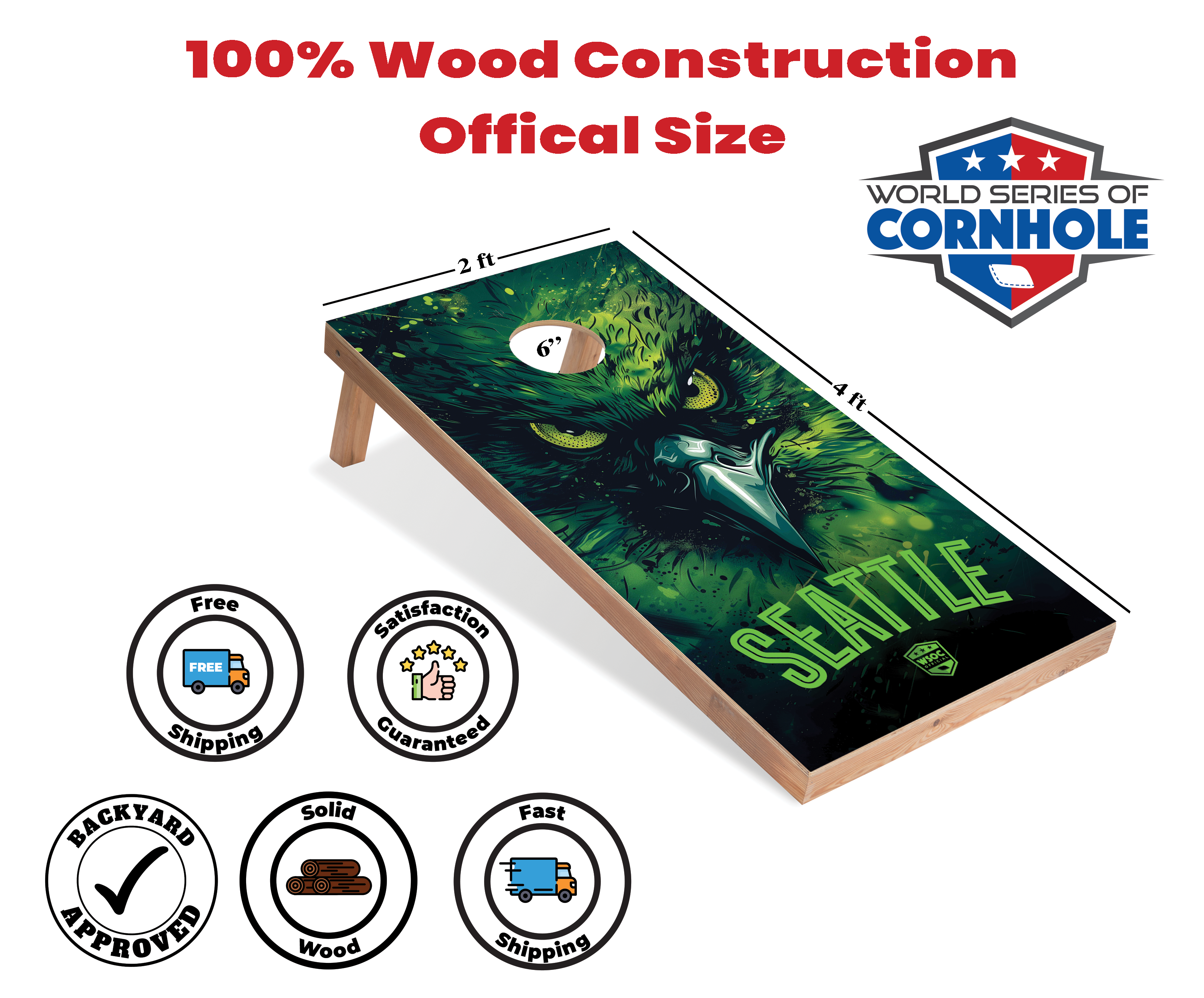 World Series of Cornhole Lightweight Cornhole Set - Seattle Seahawks Boards with Kelly green and Navy Blue Bags