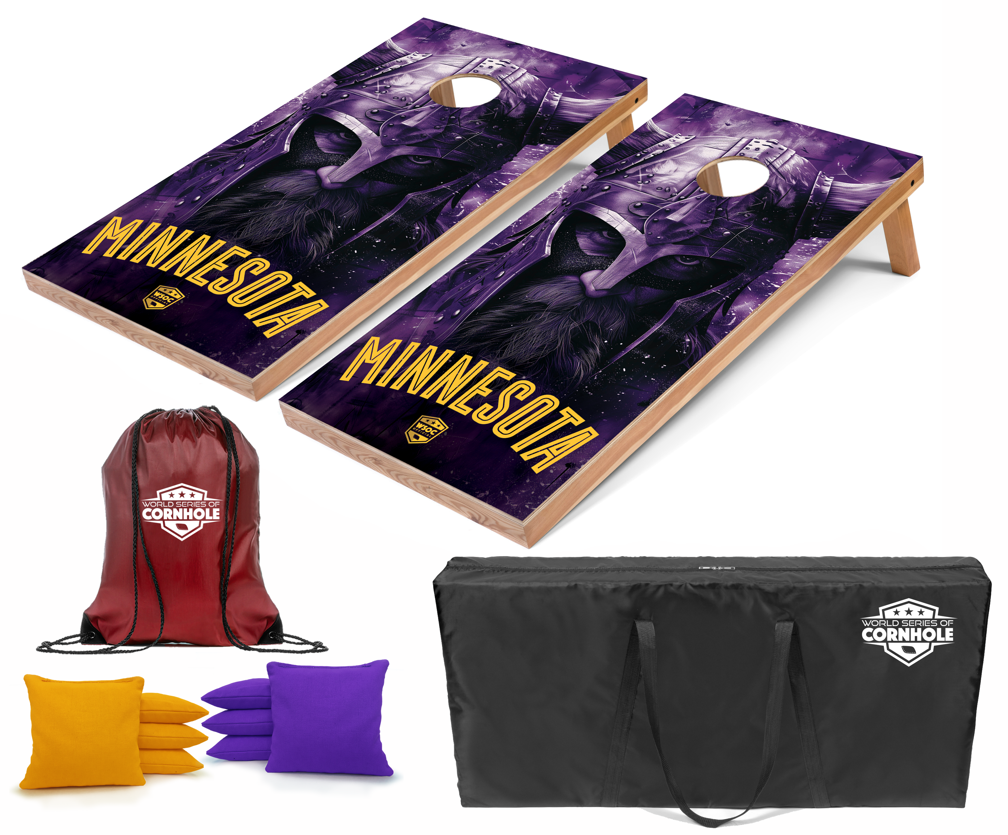 World Series of Cornhole Lightweight Cornhole Set - Minnesota Vikings Boards with Yellow and Purple Bags