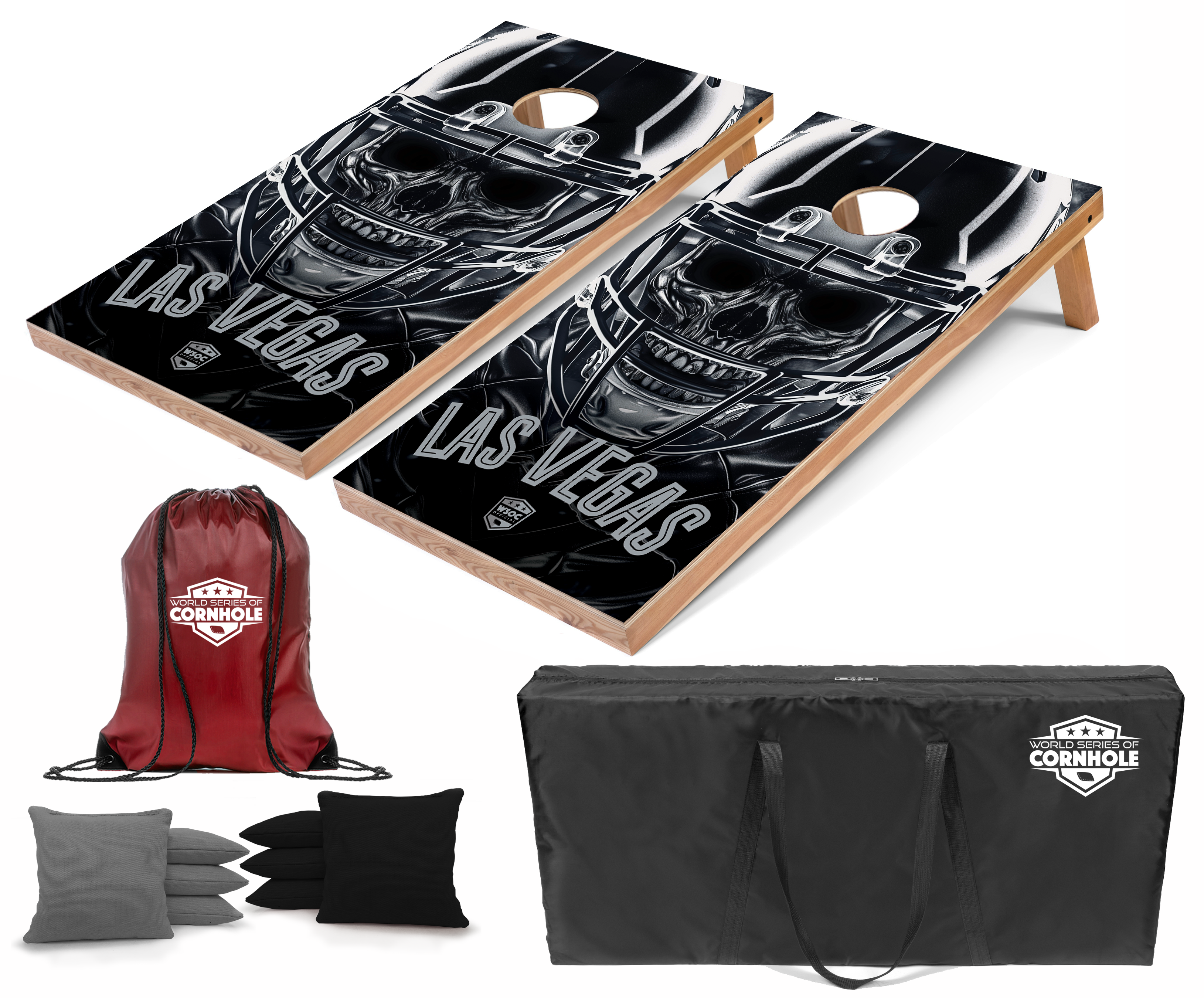 World Series of Cornhole Lightweight Cornhole Set - Las Vegas Raider Boards with Gray and Black Bags