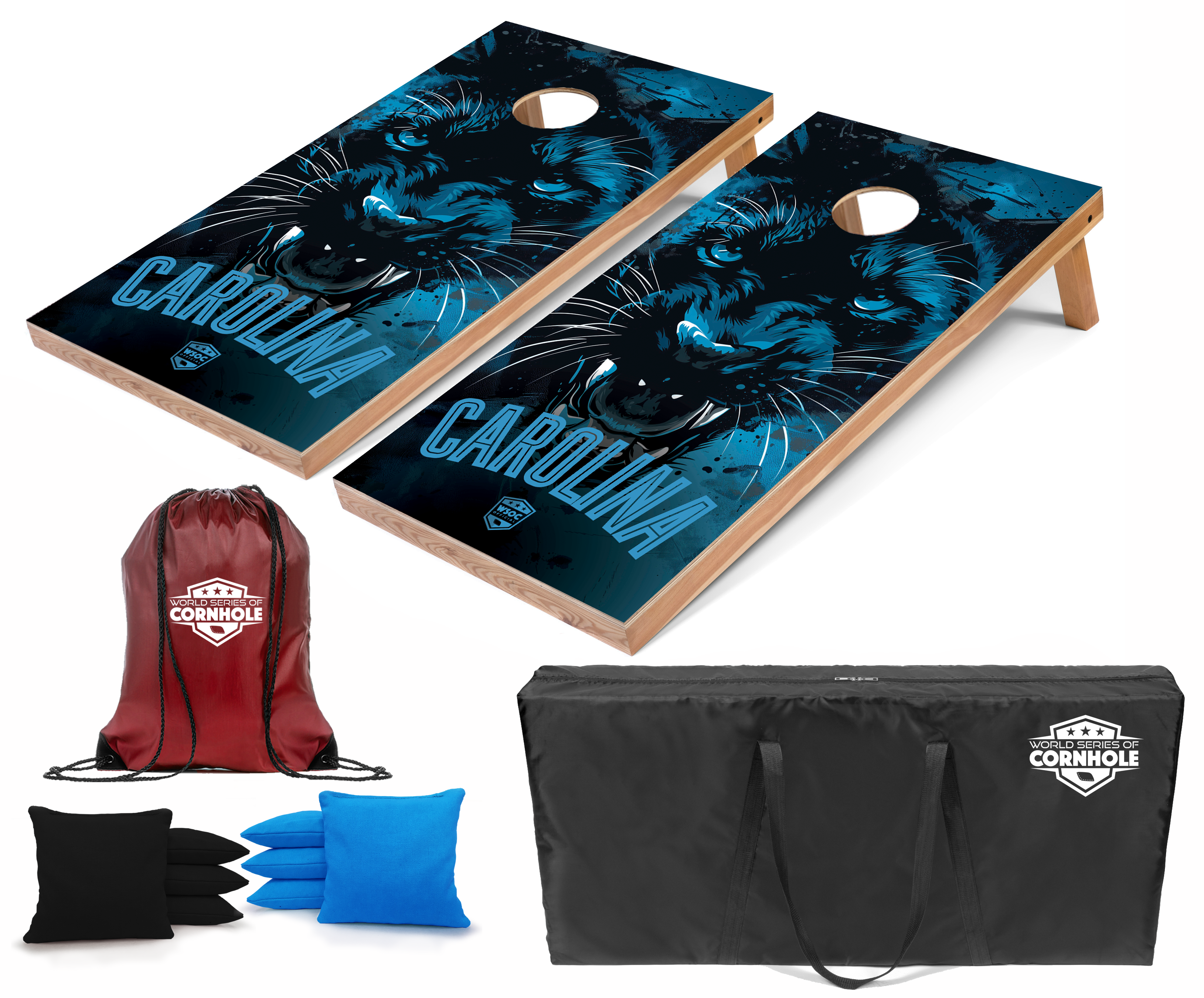 World Series of Cornhole Lightweight Cornhole Set - Carolina Panthers Boards with Black and Turquoise Bags