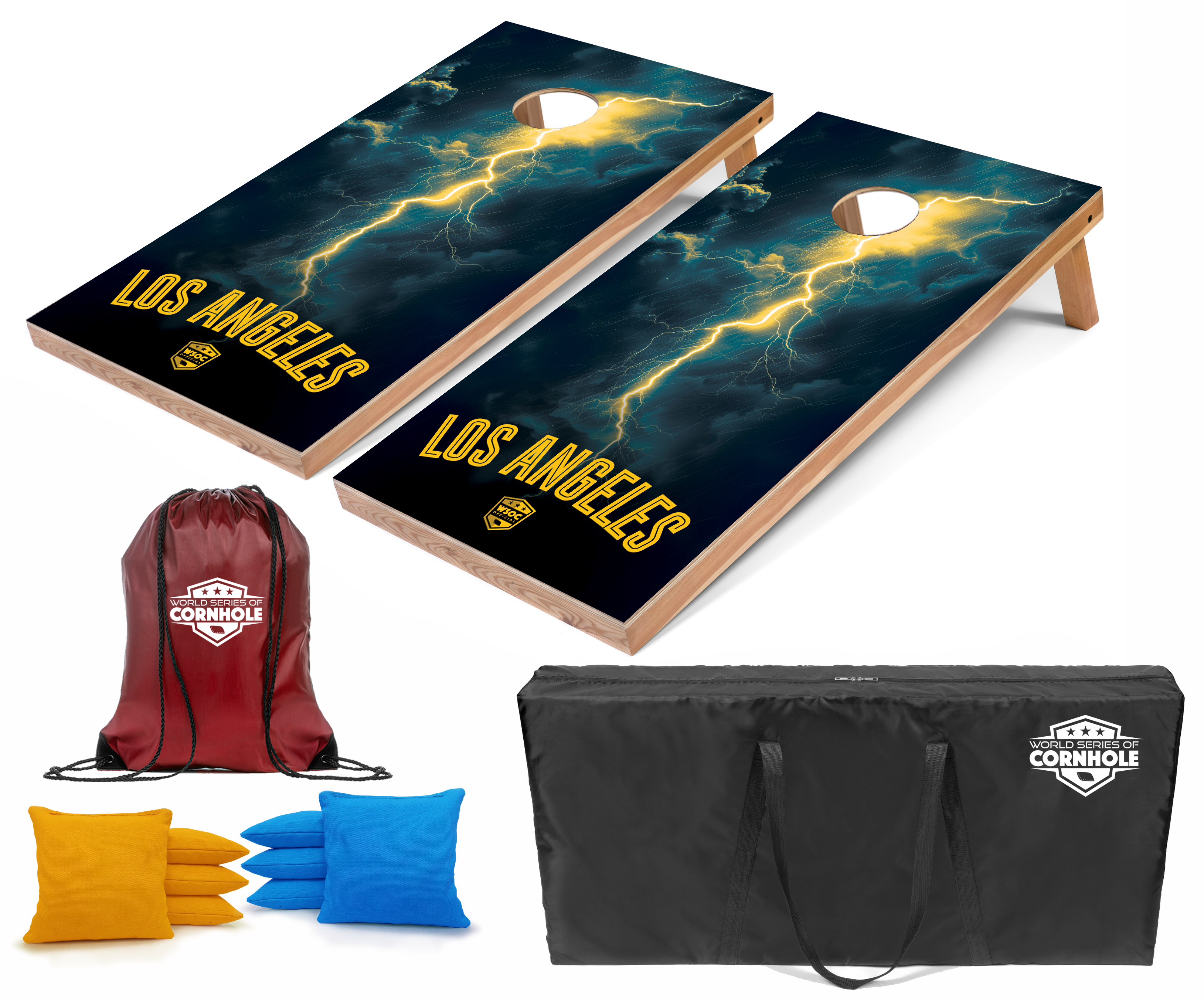 World Series of Cornhole Lightweight Cornhole Set - Los Angeles Chargers Boards with Yellow and Turquoise Bags