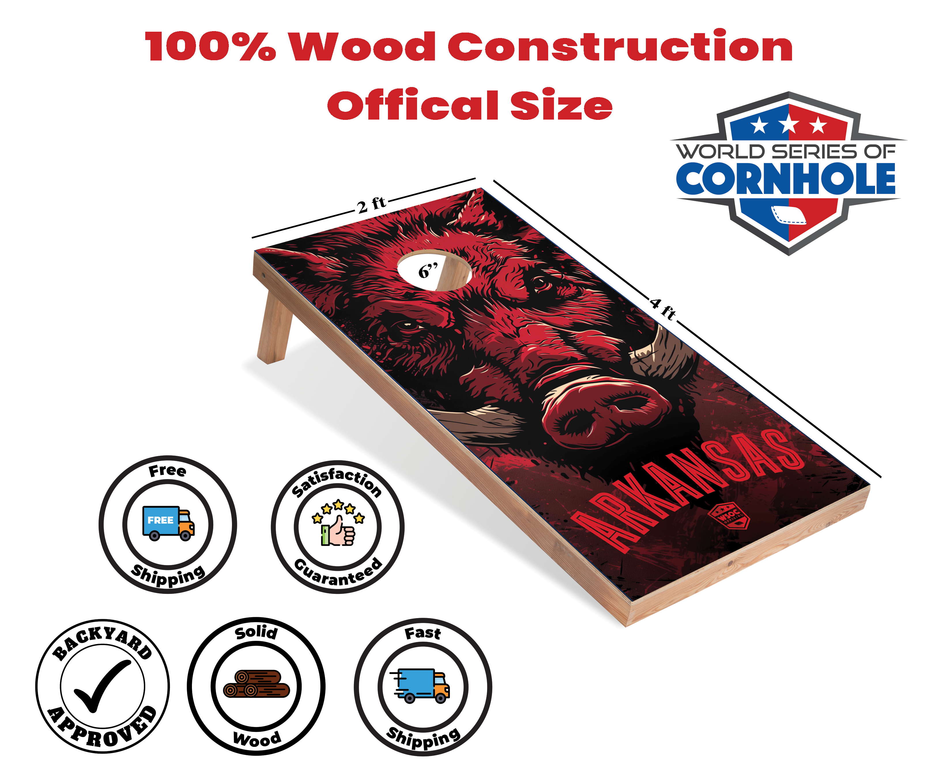 World Series of Cornhole Lightweight Cornhole Set - Arkansas Razorbacks Boards with Red and White Bags