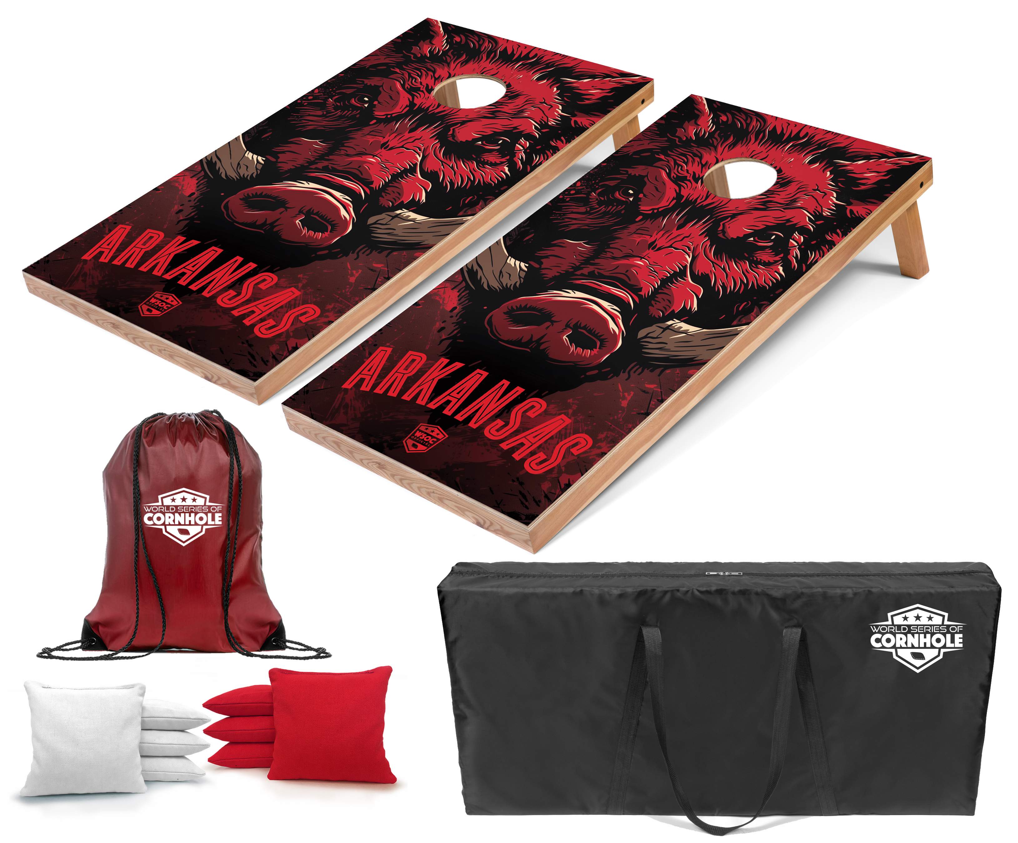 World Series of Cornhole Lightweight Cornhole Set - Arkansas Razorbacks Boards with Red and White Bags