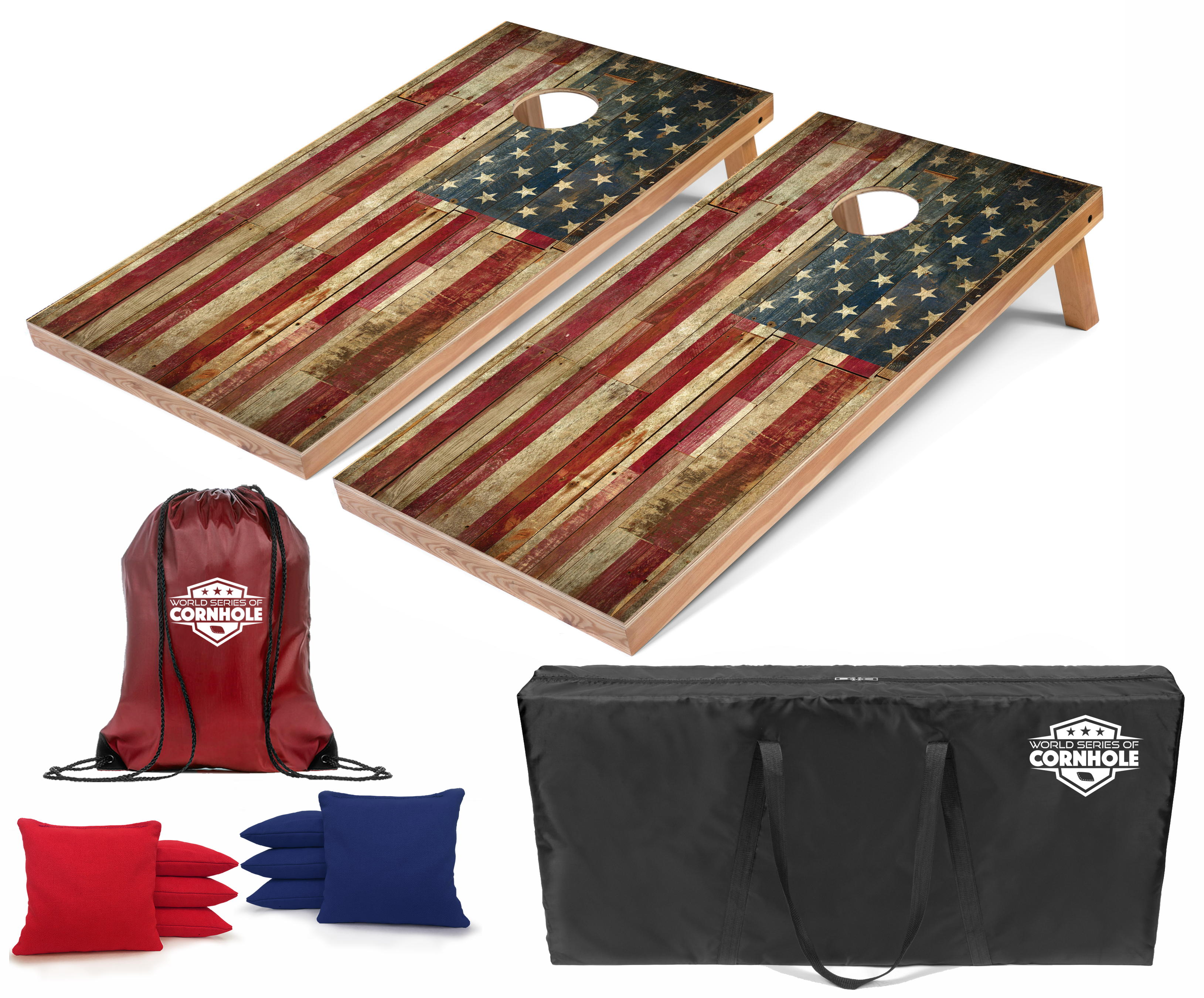 World Series of Cornhole Lightweight Cornhole Set - Rustic American Flag Boards with Red and Blue Bags