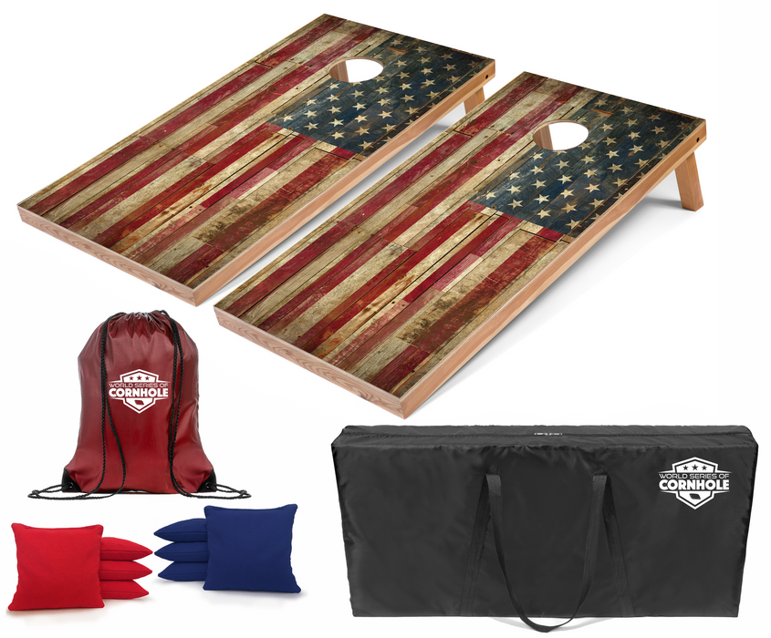 World Series of Cornhole Recreational Cornhole Set - Rustic American Flag Boards with Red and Blue Bags