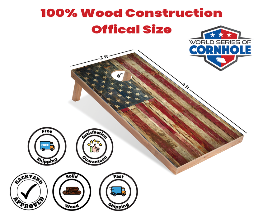 World Series of Cornhole Recreational Cornhole Set - Rustic Left-Facing American Flag Boards with Red and Blue Bags