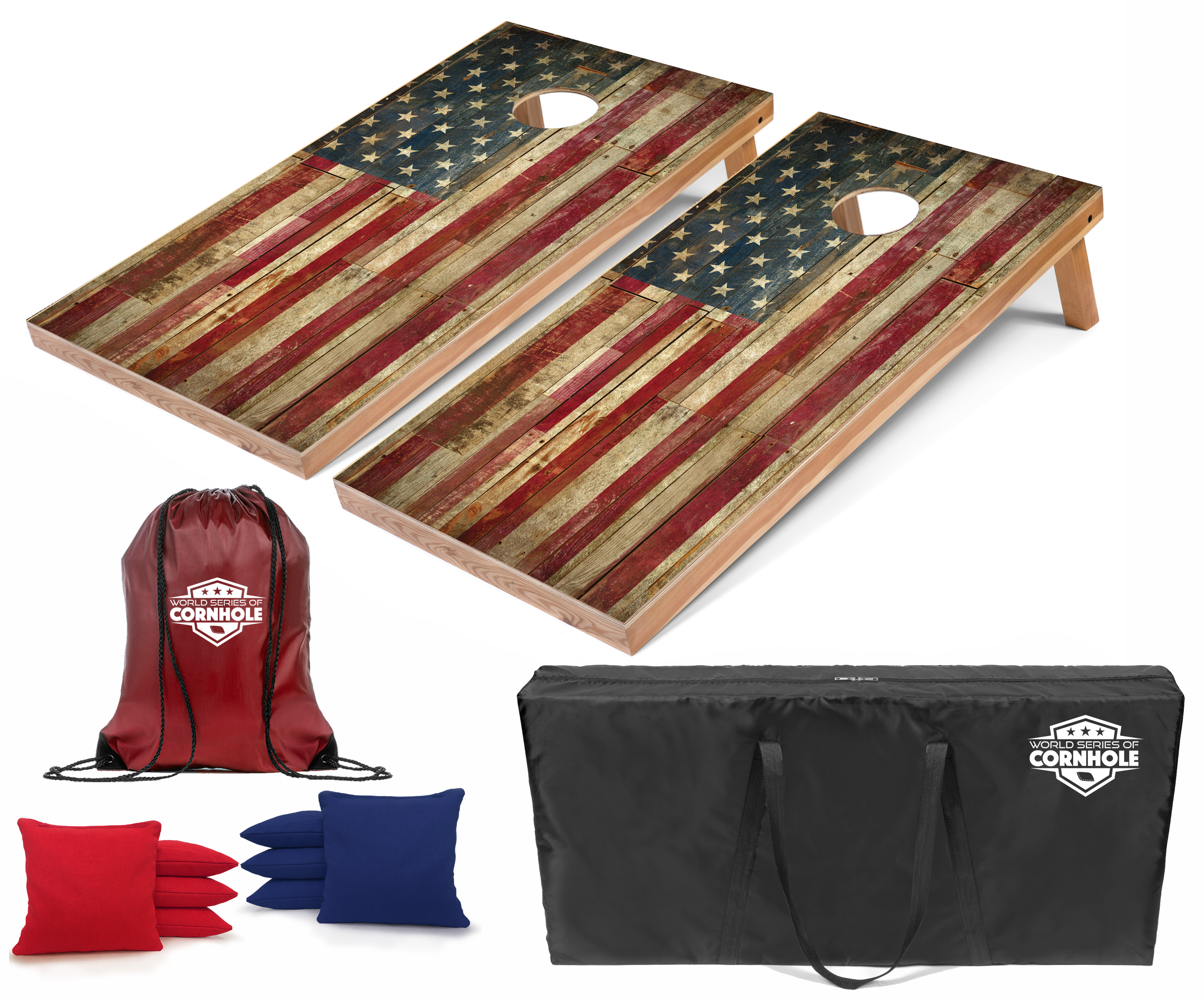 World Series of Cornhole Lightweight Cornhole Set - Rustic Left American Flag Boards with Red and Blue Bags