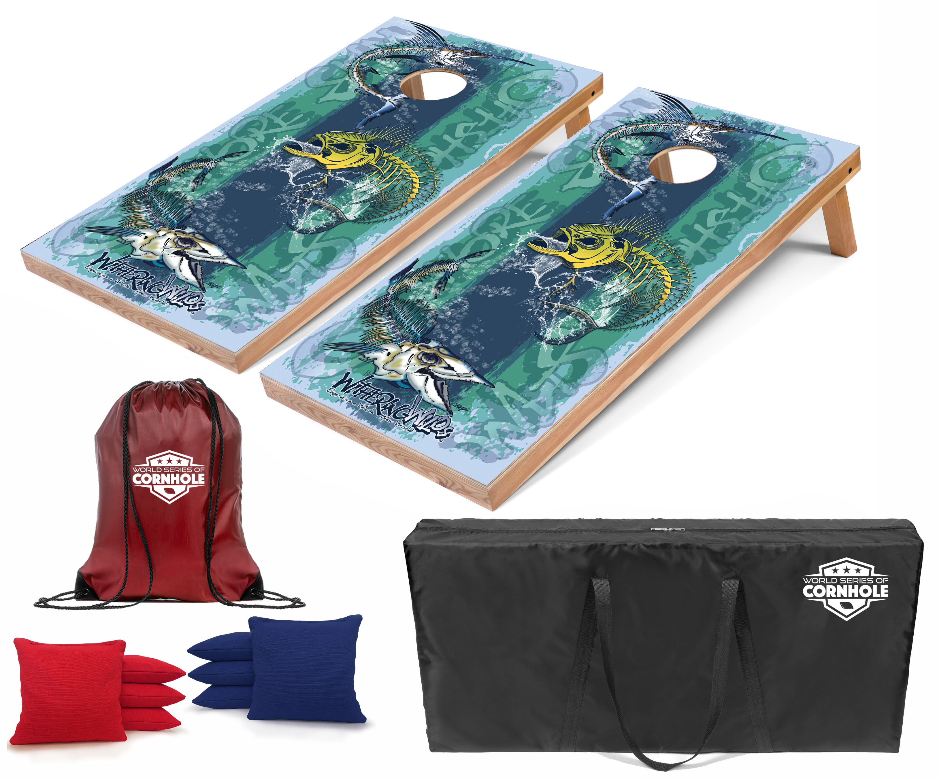 World Series of Cornhole Lightweight Cornhole Set - Withering Wilds Offshore Slam Boards with Red and Blue Bags