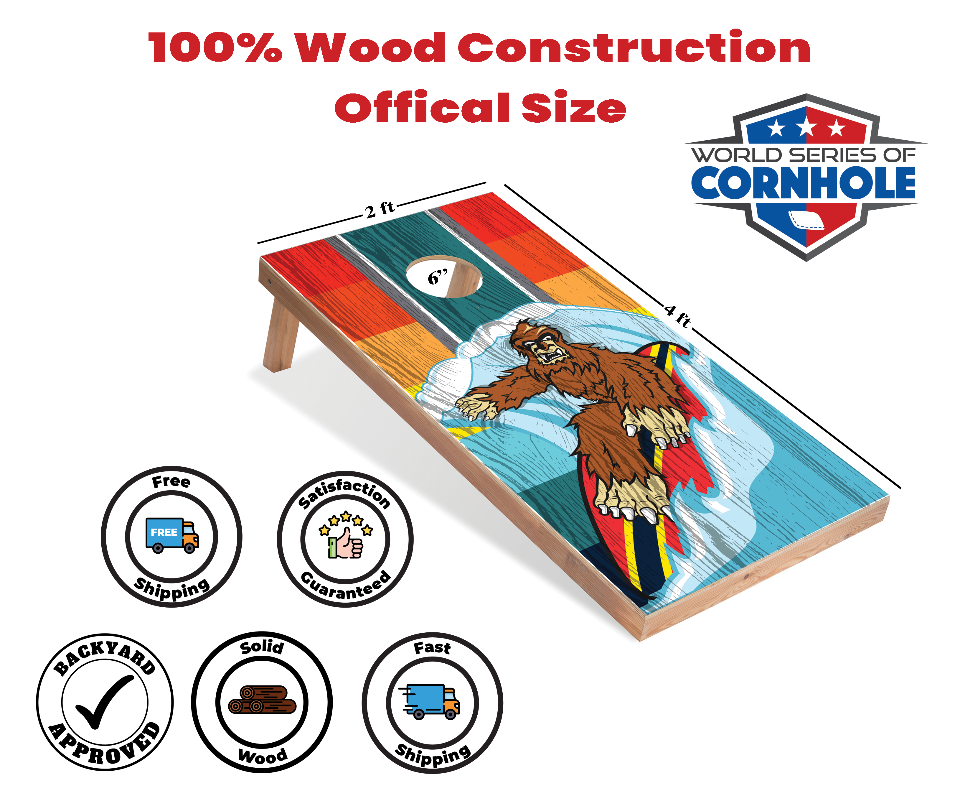 World Series of Cornhole Lightweight Cornhole Set - Riding Waves Sasquatch Boards with Red and Royal Blue Bags