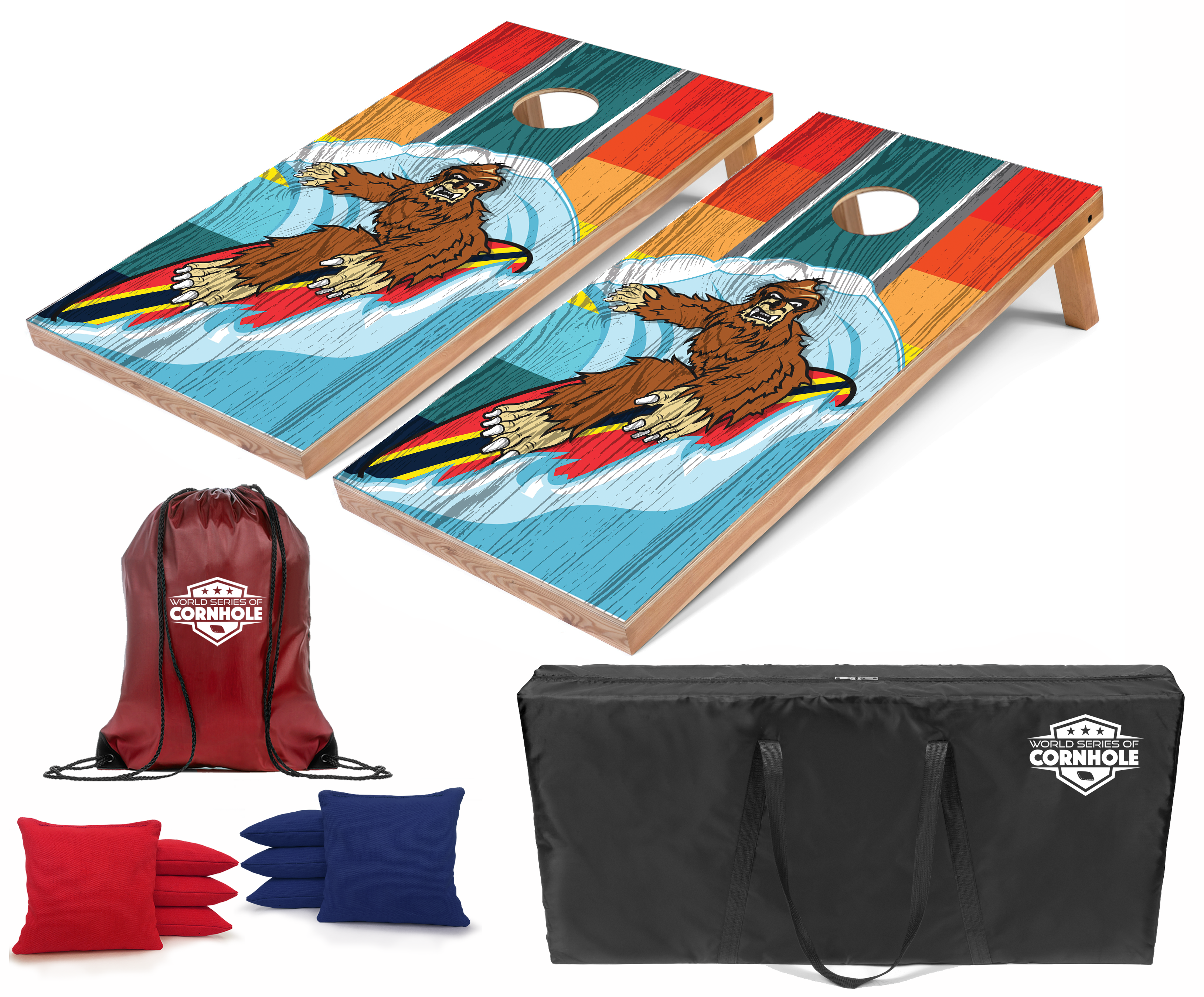 World Series of Cornhole Lightweight Cornhole Set - Riding Waves Sasquatch Boards with Red and Royal Blue Bags