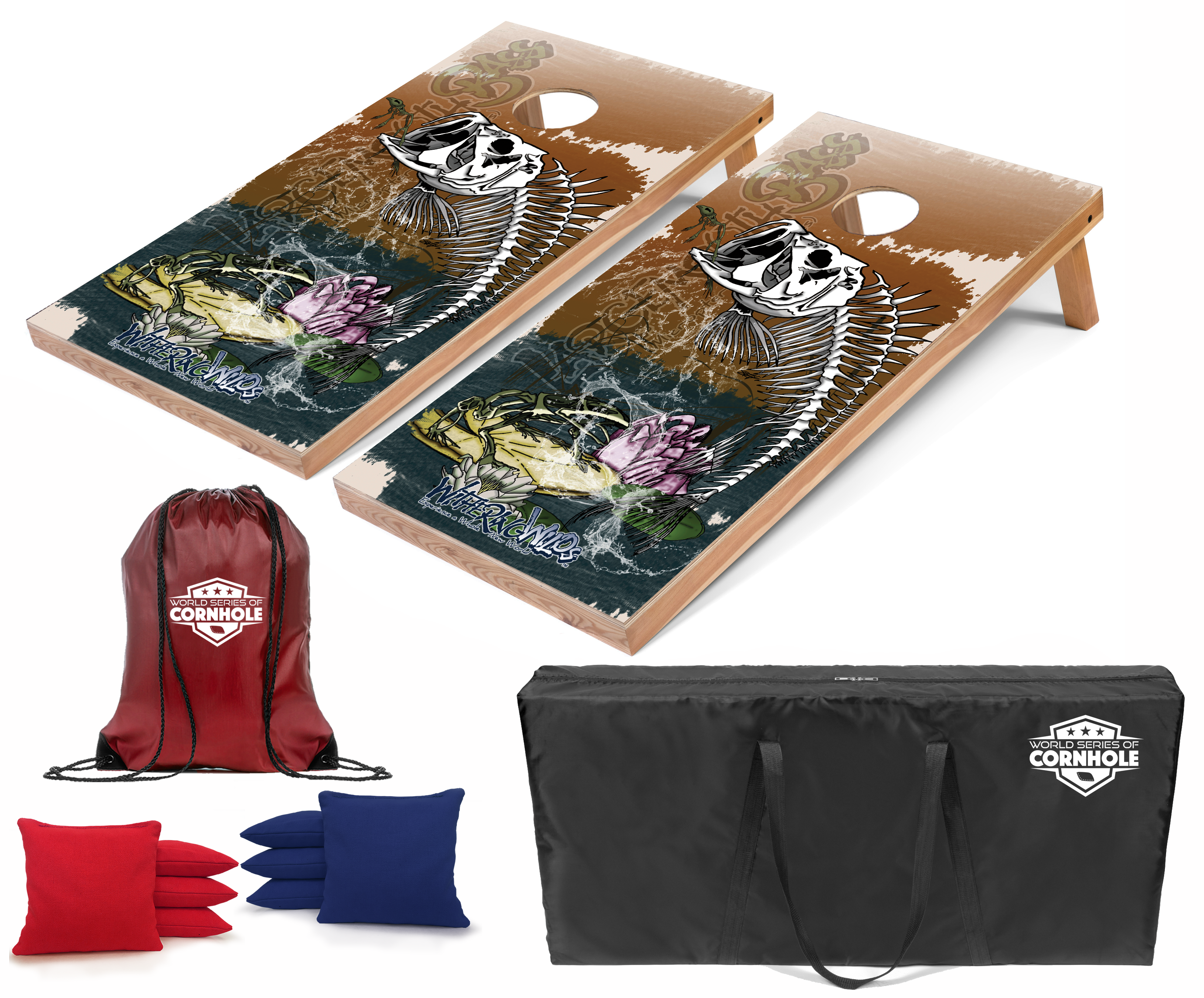 World Series of Cornhole Lightweight Cornhole Set - Withering Wilds Largemouth Bass Boards with Red and Royal Blue Bags