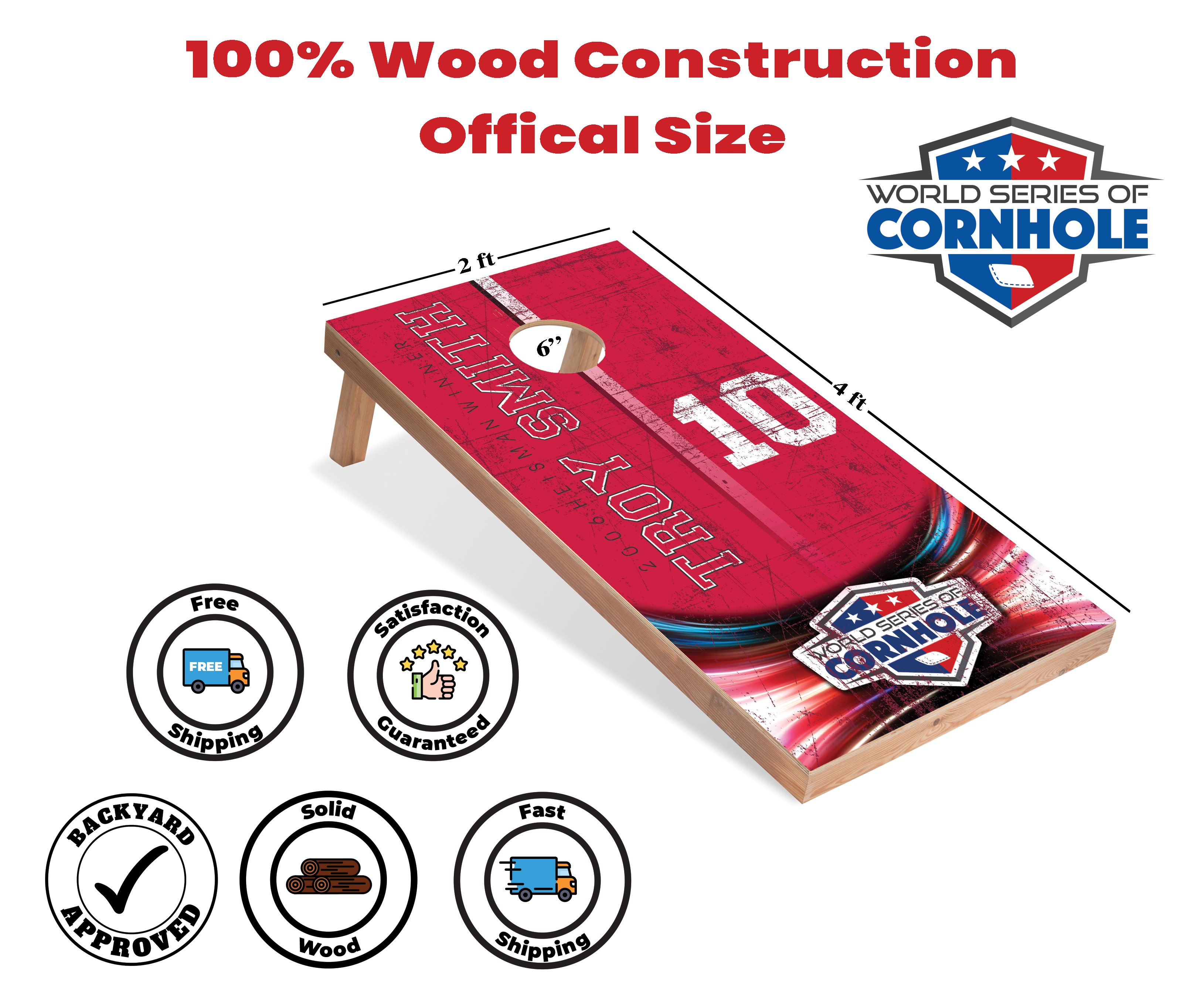 World Series of Cornhole Lightweight Cornhole Set - Troy Smith #10 Red Background Boards with Red and White Bags