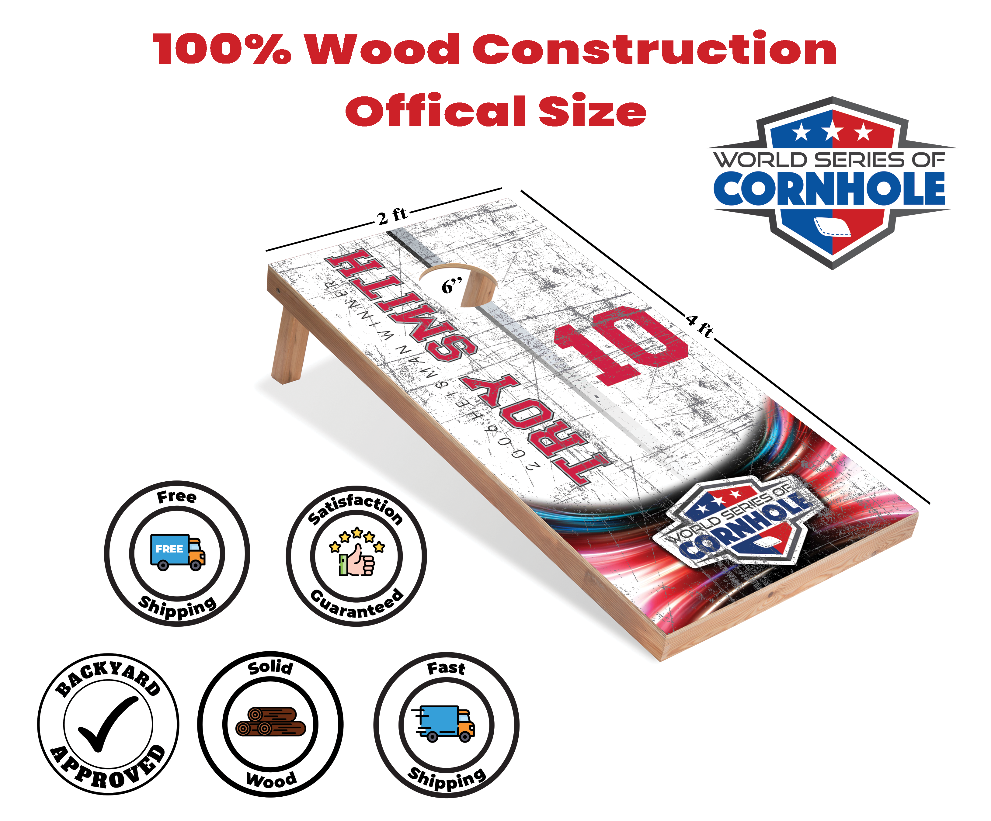 World Series of Cornhole Lightweight Cornhole Set - Troy Smith #10 White Background Boards with Red and White Bags