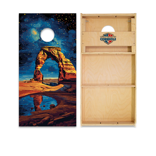 National park-inspired professional cornhole boards with mountain, canyon and forest designs
